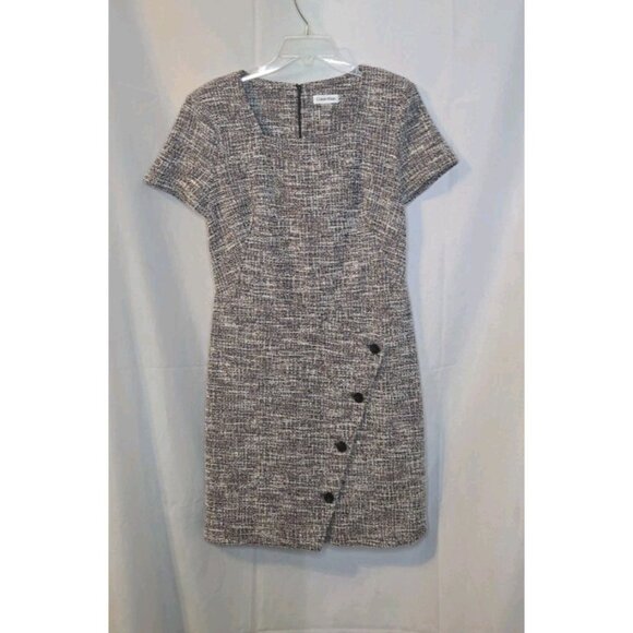 Calvin Klein Tweed Fitted Shift Dress Size 12 Short Sleeves Back Zipper Stretch - Picture 1 of 6